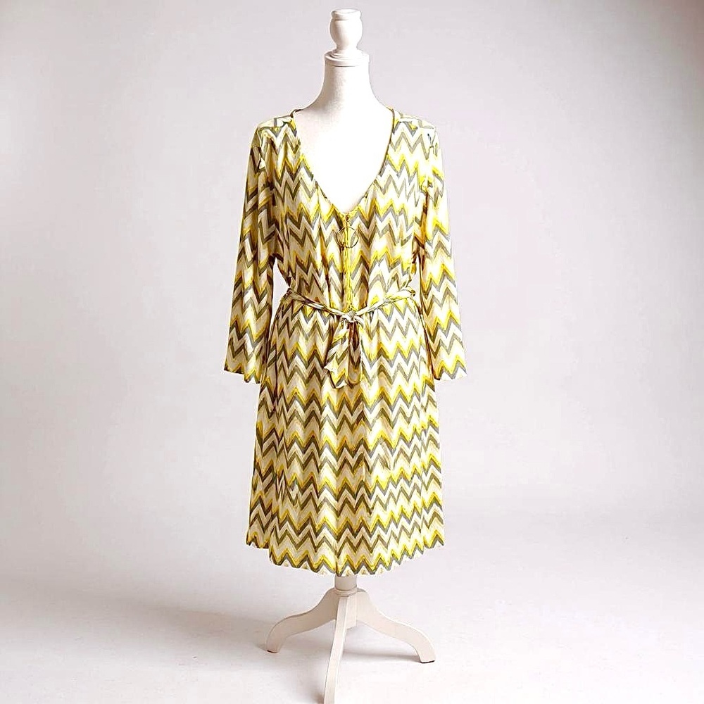 Tacera Chevron Yellow Gray Casual Midi Dress with Gold Front Zipper Sz 2X NWT